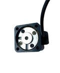 NEMA 17 stepper motor, front view; 42x42mm frame, black housing with silver front and four mounting holes, cable attached
