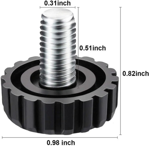 Game Change Your Wobbly Floors With These Heavy Duty Furniture Leveling Feet Adjustment Screws showing a black metal screw mount with dimensions.