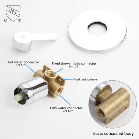 Chrome Shower Faucet Set With 8 Inch Rainfall Shower Head components including brass body, connectors, and trim kit.