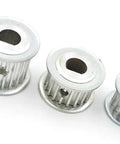 50 Pack Aluminum Alloy 18 Tooth GT2 HTD 3M Timing Pulley With Hex Setscrew, showing three sizes of pulleys.