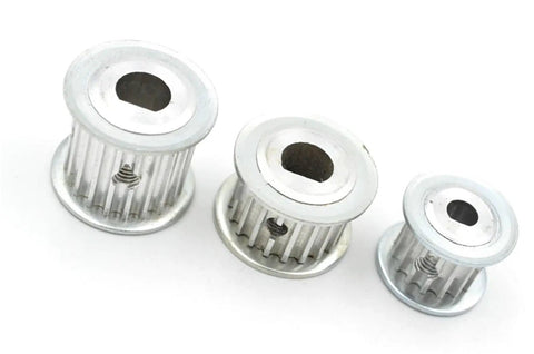 50 Pack Aluminum Alloy 18 Tooth GT2 HTD 3M Timing Pulley With Hex Setscrew, showing three sizes of pulleys.