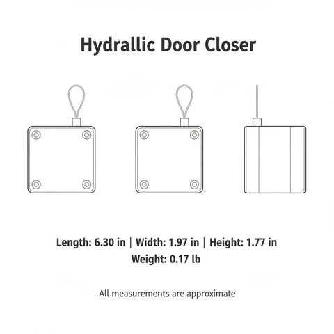Diagram of hydraulic door closer dimensions: 6.30 in length, 1.97 in width, 1.77 in height, 0.17 lb. "Hydrallic Door Closer" text shown.