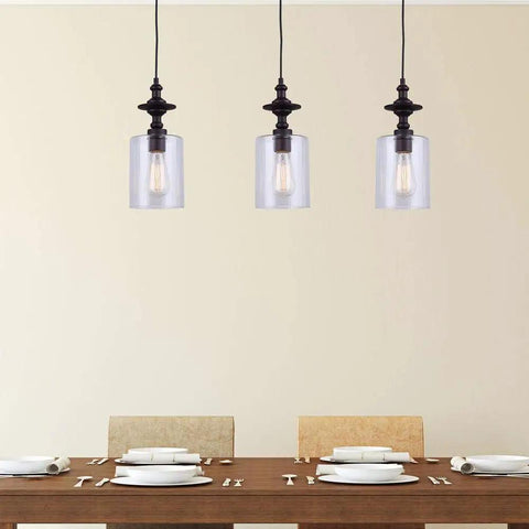 Oil Rubbed Bronze Pendant Light With Clear Glass, 3 Light Cord Pendant, Uses 100W Type A Bulbs, Adjustable Height From 27.25 Inches To 58 Inches, Sleek Modern Rustic Dining Room Kitchen Island Lighting That Feels Lit over dining table