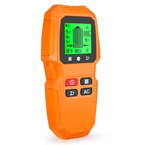 7 in 1 Smart Stud Finder Wall Scanner with LCD Display in vibrant orange with green LCD, showcasing intuitive controls for scanning walls.