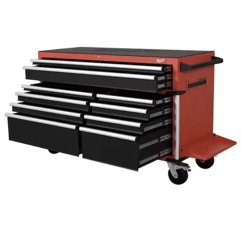 Shop Workhorse 10 Drawer Rolling Tool Chest Cabinet With Slick Roll Casters And 56 Inch Wide Steel Build For Ultimate Garage Game Changer Storage And No Fuss Workshop Organization, shown in angled view.