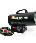 Front view of 60,000 BTU Portable Propane Forced Air Heater With Quiet QBT Technology, includes hose and regulator, black color.