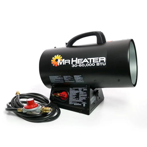 Front view of 60,000 BTU Portable Propane Forced Air Heater With Quiet QBT Technology, includes hose and regulator, black color.