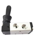 Five Way Pneumatic Air Valve With Hand Lever, One Quarter Inch Inlet, Two Position, Five Port, Manual Control, Aluminum Body