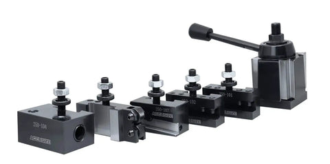Six Piece Wedge Type Quick Change Lathe Tool Post Set For Swing Six To Twelve Inches Includes Five Tool Holders Durable Steel Construction USA Style Fit Fast Tool Changes Great For Hobbyists And Pro Shops