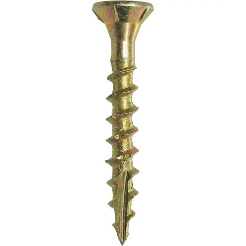 Top Shelf Number Eight X 1-1/4 T25 Star Drive Construction Wood Screws showing yellow zinc plated finish for secure framing.
