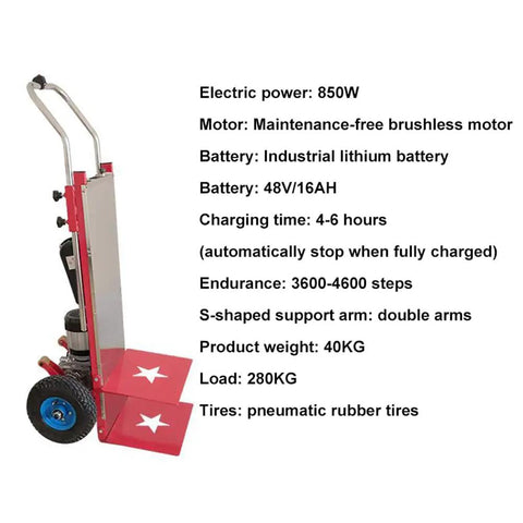 Heavy Duty Electric Stair Climber Cart With Removable 48V Battery And Silent Brushless Motor For Moving Heavy Loads Upstairs Effortlessly, features specifications.