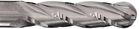 Close-up of Carbide Ball Nose End Mill Pro Grade Extra Long Reach 6 Inch Overall Length 0.5 Inch Cutting Diameter showing 4 flutes and helix design.