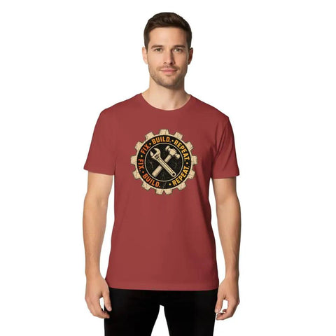 Mechanical Engineer T Shirt With Vintage Gear Badge Design For Garage Makers, Workshop Tinkerers And Hands On Problem Solving Guys Who Love Fix Build Repeat Project Days And Classic Geek Style Clothing Fits All Grown Up Pros in red color with gear logo.