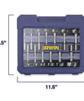 IRWIN Marples Forstner bit set, 14-piece carbon steel wood drill bits in a blue case, front view