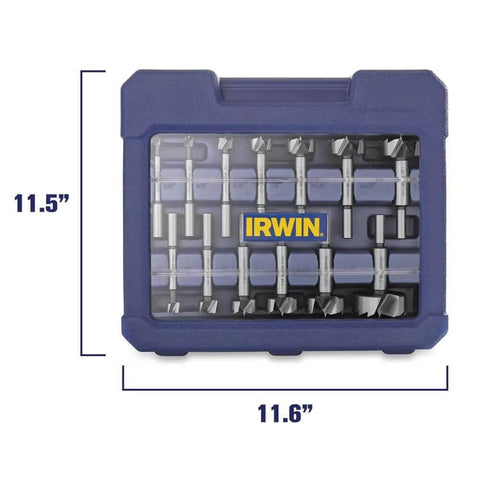 IRWIN Marples Forstner bit set, 14-piece carbon steel wood drill bits in a blue case, front view