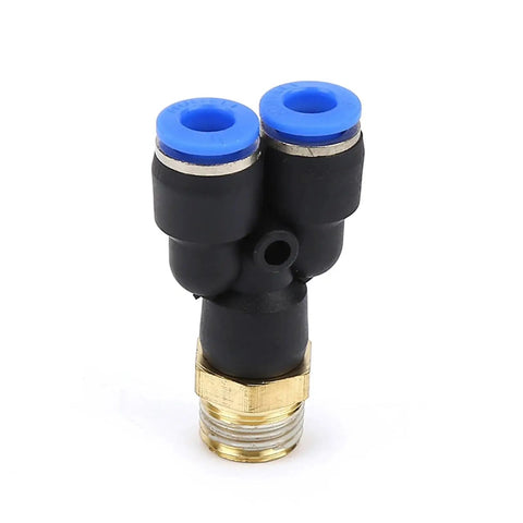 Get This Insane M5 To 1/2 Inch Y Shape Pneumatic Push In Fitting Connector Kit Featuring 20 Pieces Of Reliable Brass And Plastic Adapters For Smooth Air Distribution In Automation Systems And Tool Connections Without Any Leaks Today. M5 to 1/2 inch Y pneumatic push-in fitting, brass and plastic, front view