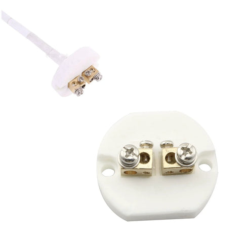 K-type thermocouple terminal block, white ceramic, high-temperature, two brass screw terminals (front view)