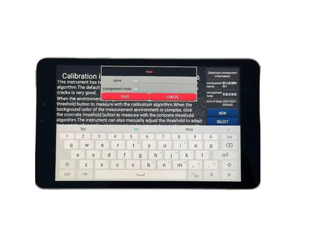 Digital Pro Grade Concrete Crack Width Gauge With USB Link Real Time Crack Width Monitoring For Surfaces Across Materials 0.01 To 10 Cm Range 1000x HD Microscope 640x480 Photo Resolution And 0.01 Mm Accuracy. Tablet screen with crack measurement software and keyboard