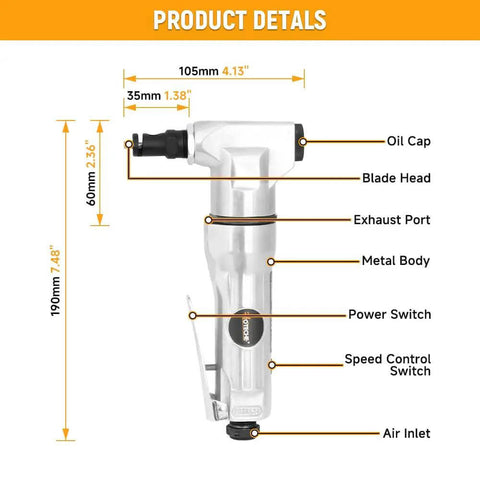 Diagram of Air Nibbler Pneumatic Metal Cutter 3600 RPM For 0.5-1.2 mm Iron And Aluminum with labeled parts and dimensions.