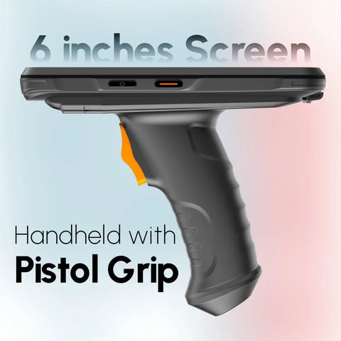 Side view of Workhorse Android Barcode Scanner with Pistol Grip and 6-inch screen, Android 12 PDA, SE4710 engine
