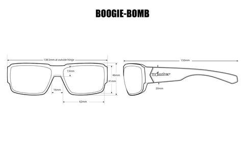 Diagram of Polarized Sunglasses for Men With Ice Blue Mirror Lens, 2 Tone Crystal Smoke Frame, ANSI Z87 Plus Safety Eyewear dimensions.