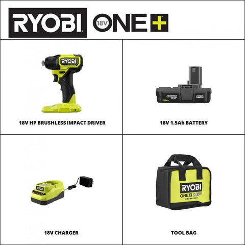 18V One Plus Compact Brushless Impact Driver Kit with tools including impact driver, 1.5Ah battery, charger, and tool bag.