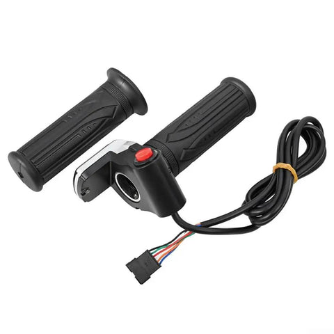 Real-Time Voltage Check E-Bike Throttle Grip With LED Display For 36V Scooters Allows One-Click Start And Smart Battery Monitoring To Dodge Being Stuck On Rides. black ABS rubber throttle grip set with 6-pin cable and red power button