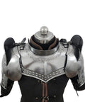 Iron Armor Gorget Set With Pauldrons And Spaulders For Medieval Cosplay in steel finish displayed on mannequin bust