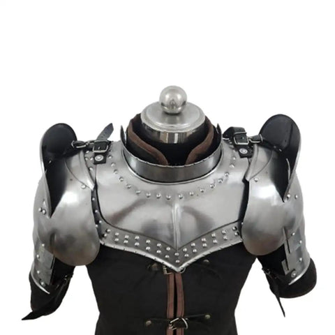Iron Armor Gorget Set With Pauldrons And Spaulders For Medieval Cosplay in steel finish displayed on mannequin bust
