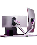 Boss Desktop Dual Monitor Mount With Full Flex Articulating Arms And Rock Solid Heavy Duty Steel Build For Easy No Slide Tool Install On Any Complete Computer Workspace showing two monitors mounted.