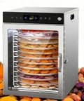 Heavy Duty 12 Tier Stainless Steel Food Dehydrator With Digital Timer And Precise Temperature Controls, stacked trays with fruits.