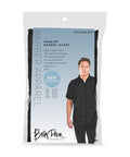 Sleek Black Barber Jacket With Zippered Front And Contrast Pockets XL Nylon Short Sleeve Top For Salons displayed in packaging.