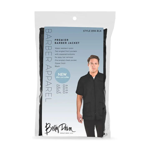 Sleek Black Barber Jacket With Zippered Front And Contrast Pockets XL Nylon Short Sleeve Top For Salons displayed in packaging.