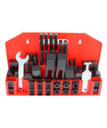58 Piece Clamping Kit For Five Eighth Inch T Slot Systems With Mountable Storage Tray and components displayed