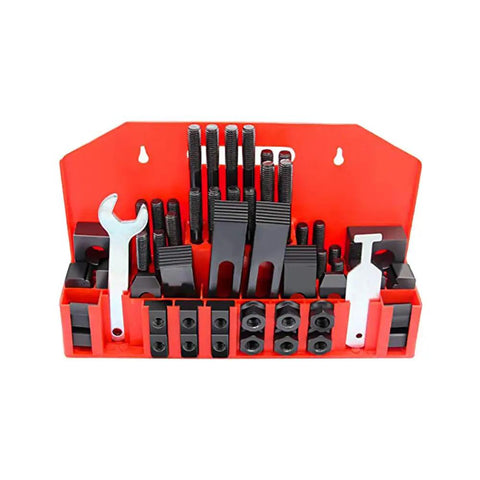 58 Piece Clamping Kit For Five Eighth Inch T Slot Systems With Mountable Storage Tray and components displayed