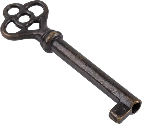 Antique Brass Hollow Barrel Skeleton Key For Cabinet Doors And Dresser Drawers Grandfather Clocks And Vintage Furniture With Classic Old School Charm Durable Die Cast Zinc Construction SK11DAB, showing intricate bow design