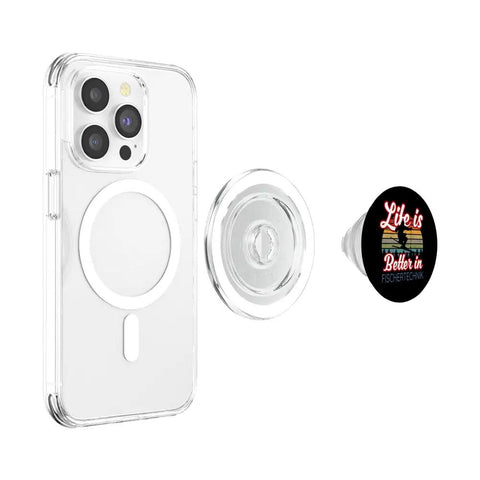 Life Is Better In Fischertechnik PopGrip For MagSafe Ski Edition, PopSockets Grip For iPhone, Winter Vacation Souvenir Gift For Skiers And Snowboarders, Funny Slopeside Keepsake For The Whole Crew. Clear iPhone case with MagSafe ring and PopGrip