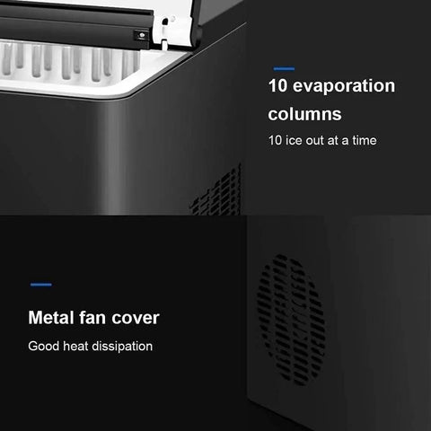 Close-up of Portable Countertop Ice Maker Machine 11kg Black Electric Nugget Ice Maker features, showing 10 evaporation columns.