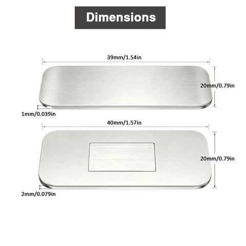 Dimensions of 8 Pack Ultra Thin No Drill Magnetic Cabinet Door Catches With Invisible Adhesive Tape, stainless steel, 39mm and 40mm sizes.