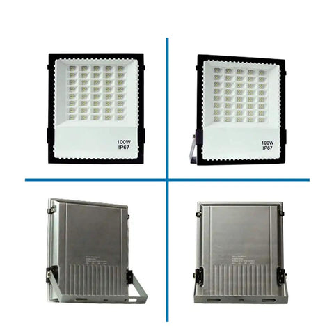 JUDYSSY 200W Led Floodlight Waterproof Ip67 Outdoor Security Light Daylight White, side and back views of 100W wall light.