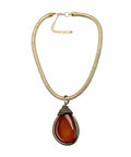 Bold Resin Stone Pendant Necklace With Long Rope Chain For Women Dope Statement Jewelry With Jeweled Metal Wire Accent Durable Wear Fashionable Costume Accessory In Rich Brown on white background