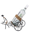 Handmade Asian Style Rickshaw Puller Wine Bottle Holder With Natural Rattan Accents, side view with bottle in holder.