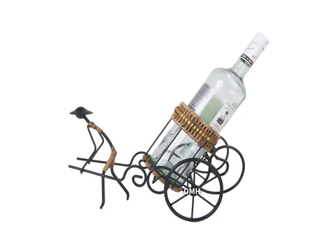 Handmade Asian Style Rickshaw Puller Wine Bottle Holder With Natural Rattan Accents, side view with bottle in holder.