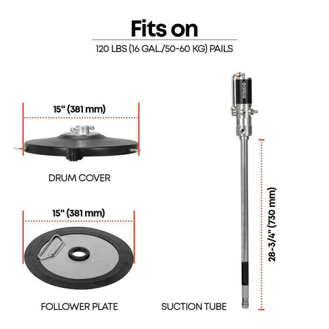 50 To 1 Air Operated Grease Pump Kit For 16 Gal Pails With 7500 PSI High Pressure Heavy Duty Complete Set With 7 Ft Hose And Control Valve CNC Machined Quarter Inch NPT Connections showing drum cover and suction tube dimensions