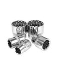 Boss Level 3/8 Inch Drive Penta Spline Socket Set with SAE Metric sizes in chrome finish for easy grip on stubborn bolts.