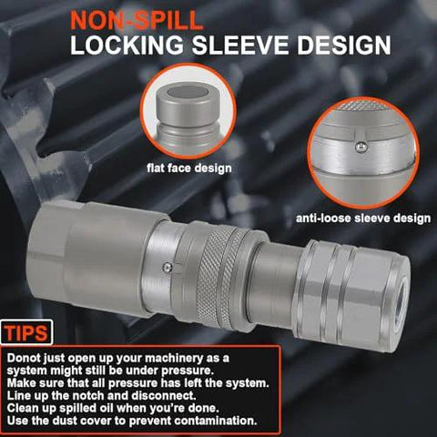 Elifecenter 3/4 in NPT hydraulic quick-connect coupler with flat-face and locking sleeve, silver metal