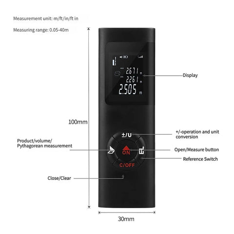 Handheld Infrared Rangefinder Distance Meter For Quick Length, Area, And Volume Measurements - Pythagorean Triangle Calculations, Rechargeable, Pro-Grade Compact 100x30mm, 2mm Accuracy, Ideal For Builders And DIYers, black front view