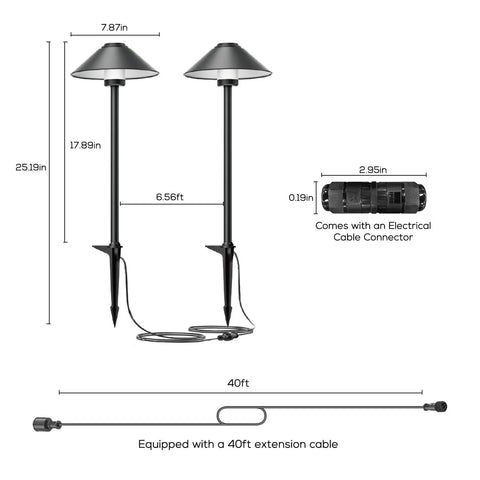 Diagram of 4 Pack Dusk To Dawn Outdoor Pathway Lights With Dimmable LED, showing size and extension cable, IP65 waterproof.