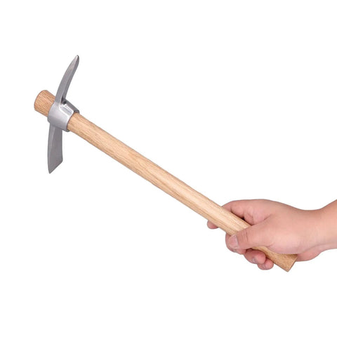 Hand holding Dual Head Stainless Steel Pick Axe Garden Tool With Wood Handle Mattock Hoe For Potted Plants And Yard Work