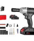 Top Rated 320Nm Cordless Wrench Kit With Brushless Motor including electric impact driver, batteries, bits, and case.